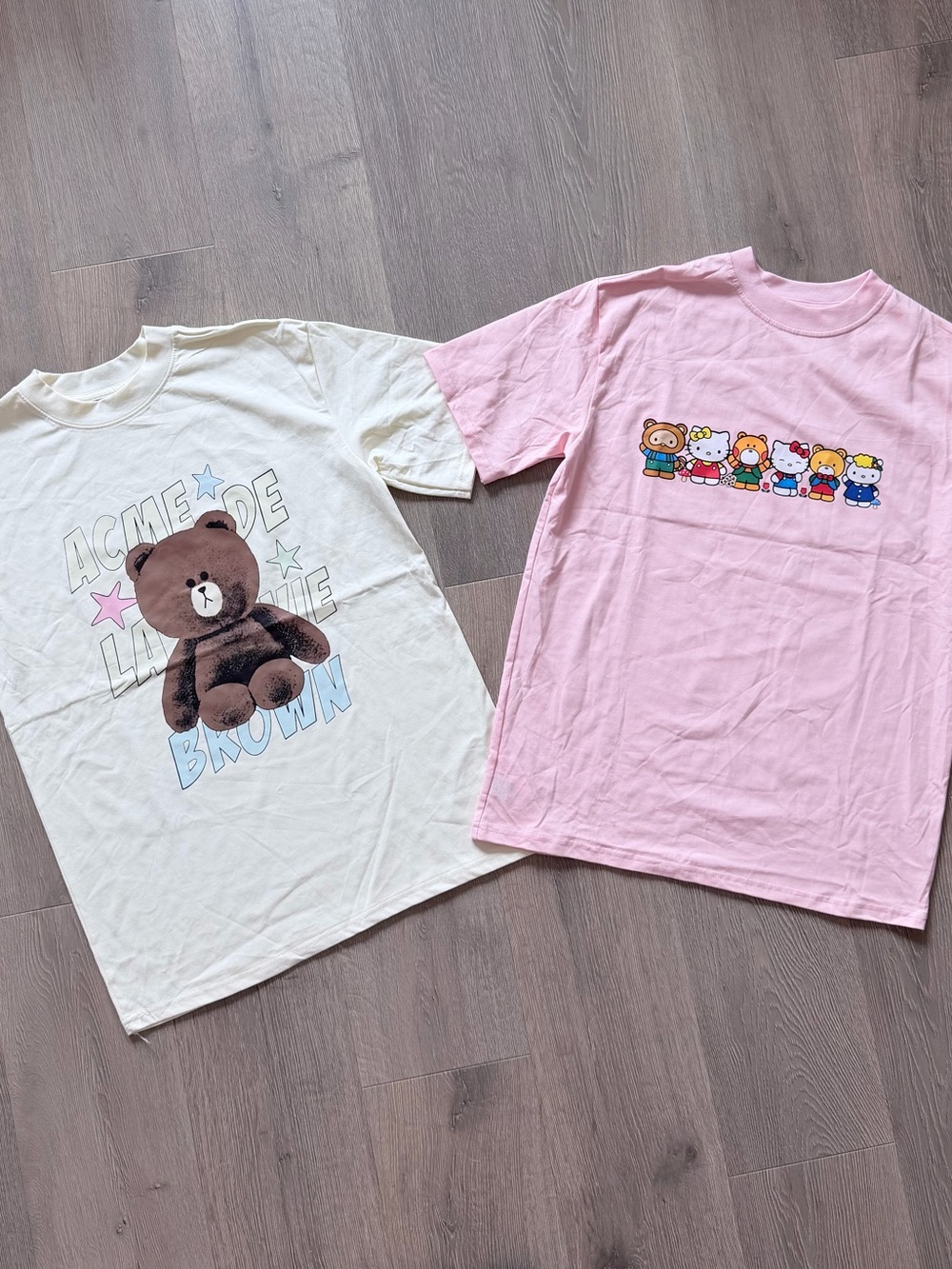Cute Kawaii Graphic Tee Bundle 🧸 Pastel Pink Hello Kitty & Cream Bear Shirt Set